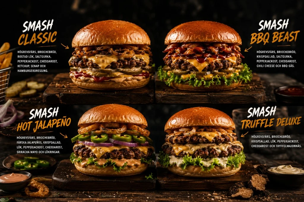 Smashburgare — Classic, BBQ Beast, Hot Jalapeño och Truffle Deluxe